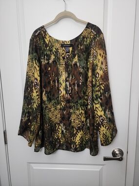 3/$25 Ashley Stewart Boho  Printed Long-Sleeve Peasant  Blouse
